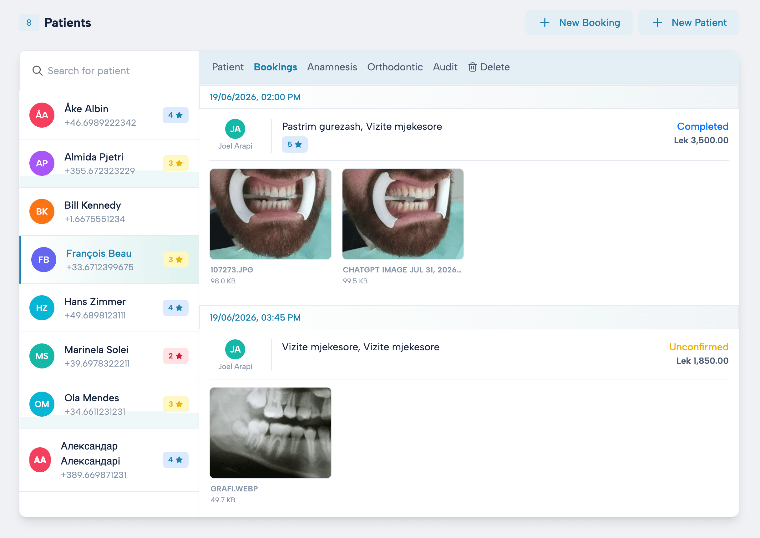 Booking history — every appointment with attached images, provider, status, and price
