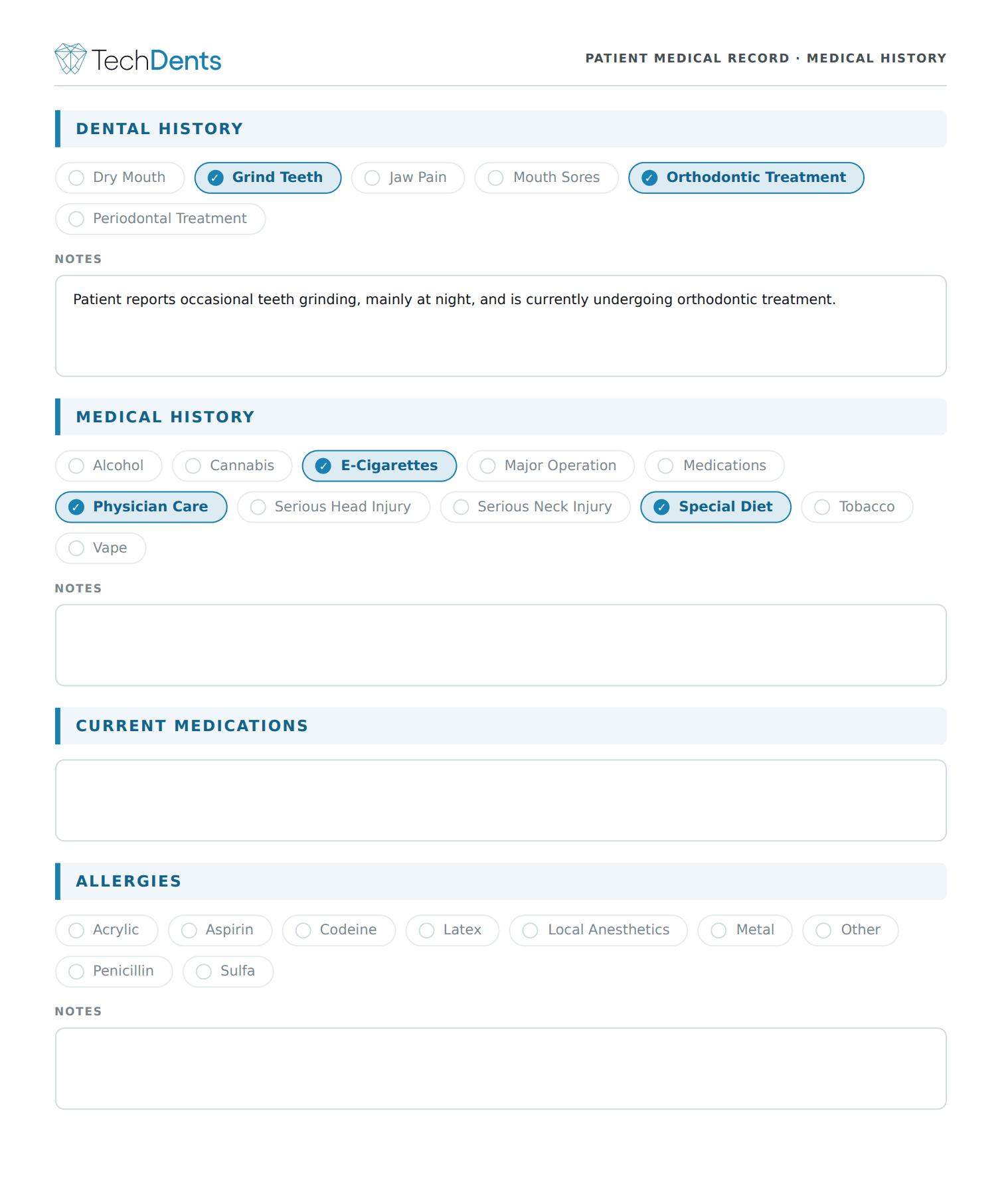 Anamnesis record — dental history, medical history, medications, and allergies