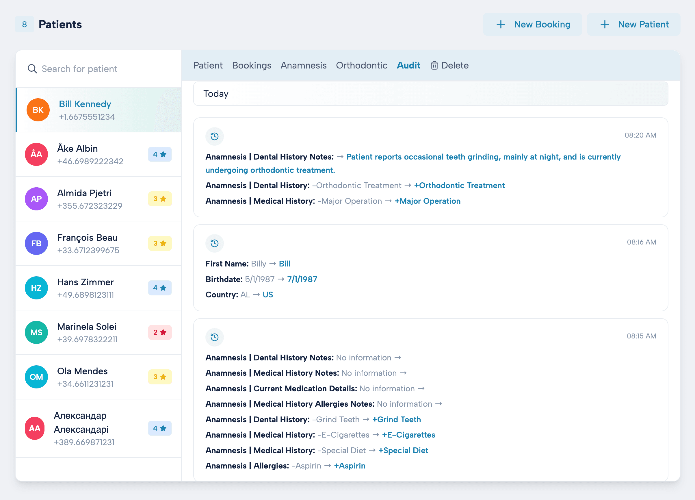 Audit log — timestamped changes to patient, dental, and medical information
